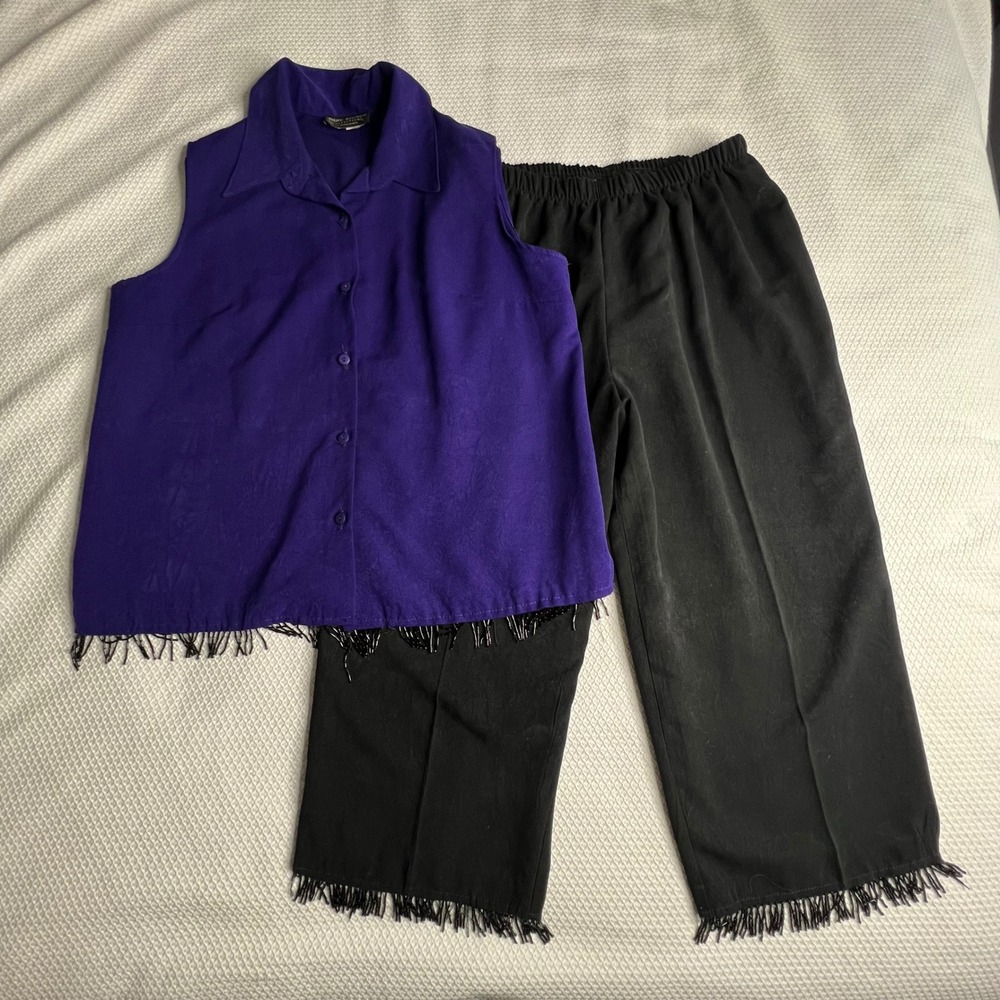 Vintage Park Avenue Womens Large Purple Sleeveless Beaded Fringe Top Pants‎ Set
